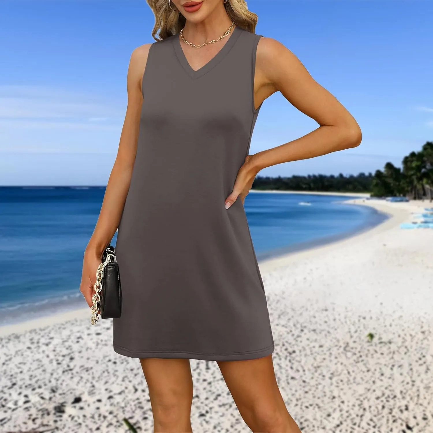 Women's Sleeveless Dresses Fashion V Neck Casual 2025 Dress with Side Slits Elegant Summer Dress Burgundy Sizes S-XL