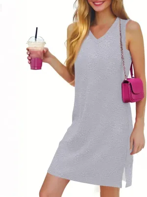 Women's Sleeveless Dresses Fashion V Neck Casual 2025 Dress with Side Slits Elegant Summer Dress Burgundy Sizes S-XL