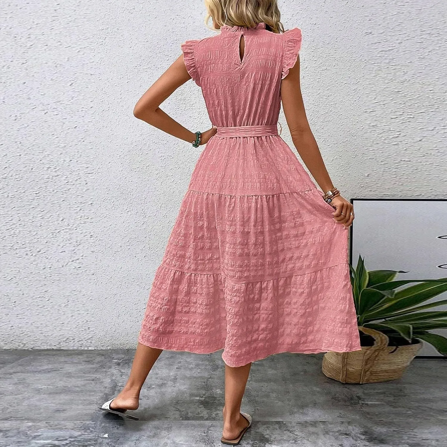 Womens Sleeveless Maxi Dress Summer Casual Ruffle Smocked Bohemian Flowy Tiered A-Line Trendy Beach Vacation Sundress