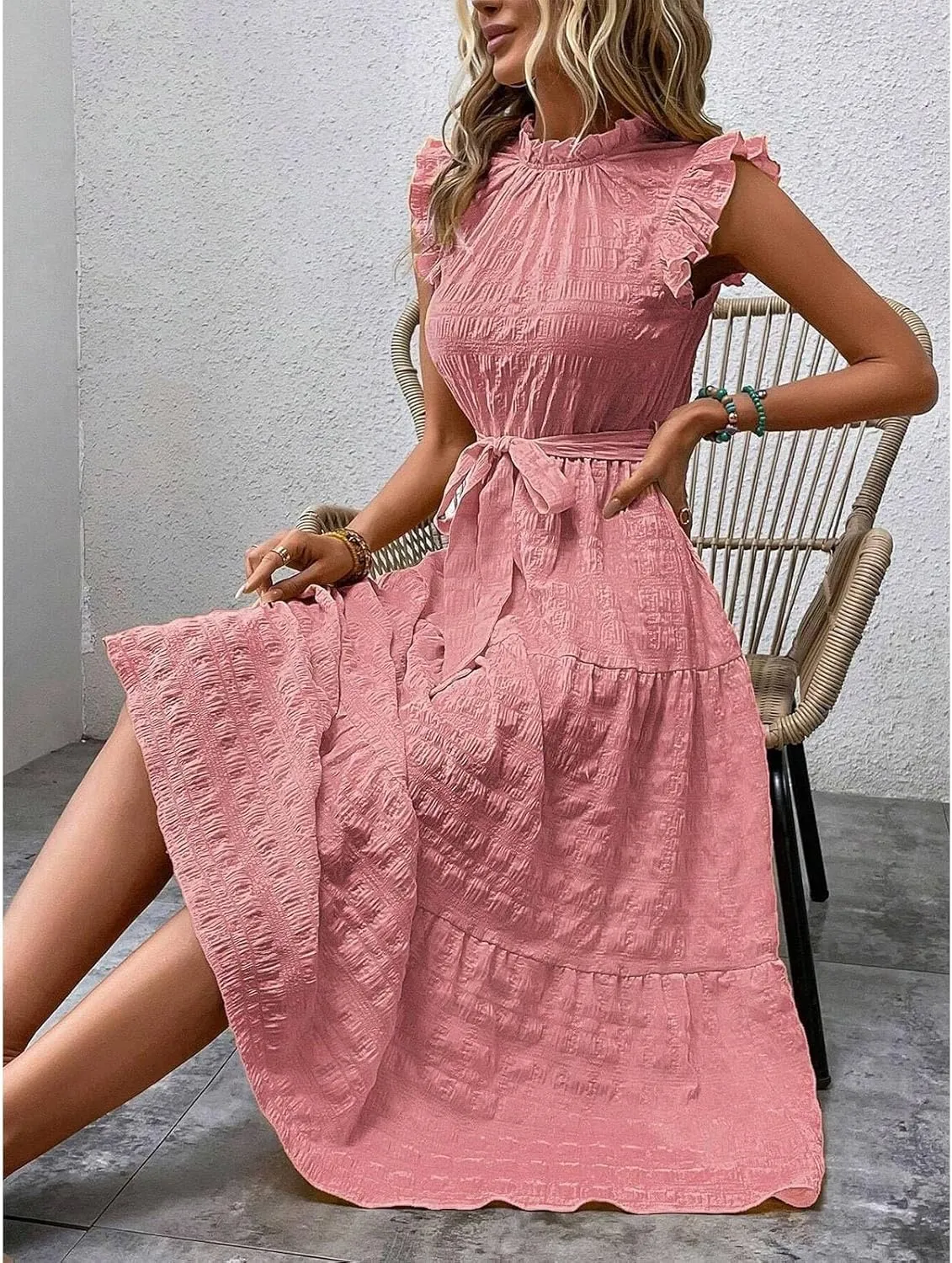 Womens Sleeveless Maxi Dress Summer Casual Ruffle Smocked Bohemian Flowy Tiered A-Line Trendy Beach Vacation Sundress