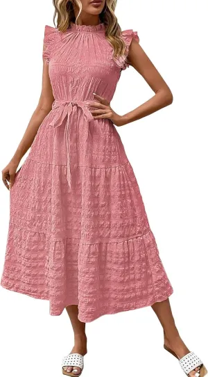 Womens Sleeveless Maxi Dress Summer Casual Ruffle Smocked Bohemian Flowy Tiered A-Line Trendy Beach Vacation Sundress