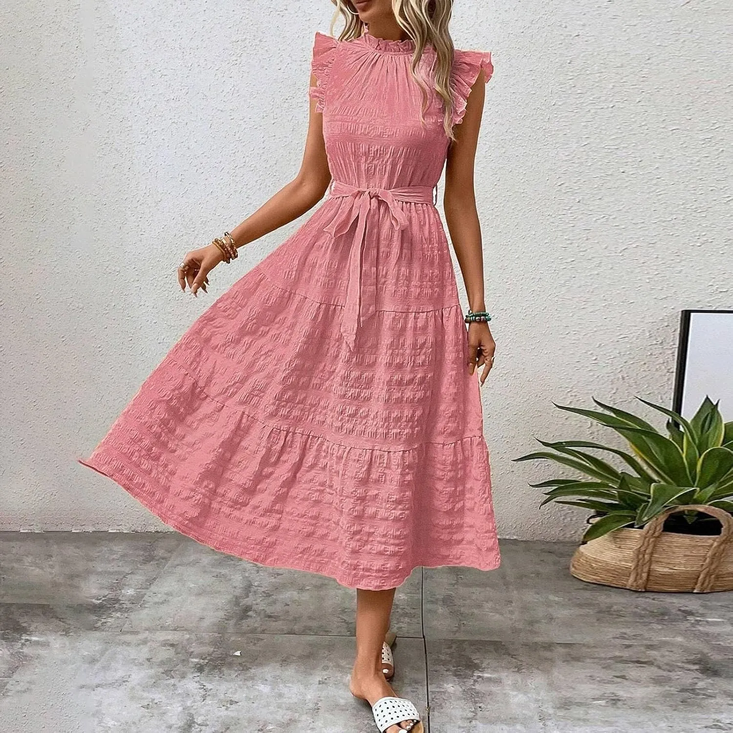 Womens Sleeveless Maxi Dress Summer Casual Ruffle Smocked Bohemian Flowy Tiered A-Line Trendy Beach Vacation Sundress