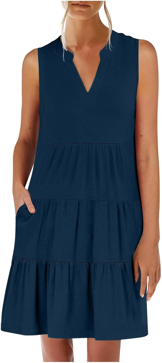 Women's Sleeveless Summer Beach Dress V-Neck Ruffle Flowy Loose Fit Sundress Solid Casual Dresses with Pockets