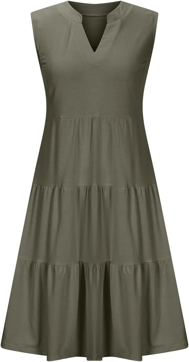 Women's Sleeveless Summer Beach Dress V-Neck Ruffle Flowy Loose Fit Sundress Solid Casual Dresses with Pockets