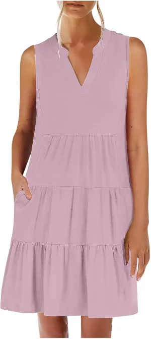 Women's Sleeveless Summer Beach Dress V-Neck Ruffle Flowy Loose Fit Sundress Solid Casual Dresses with Pockets