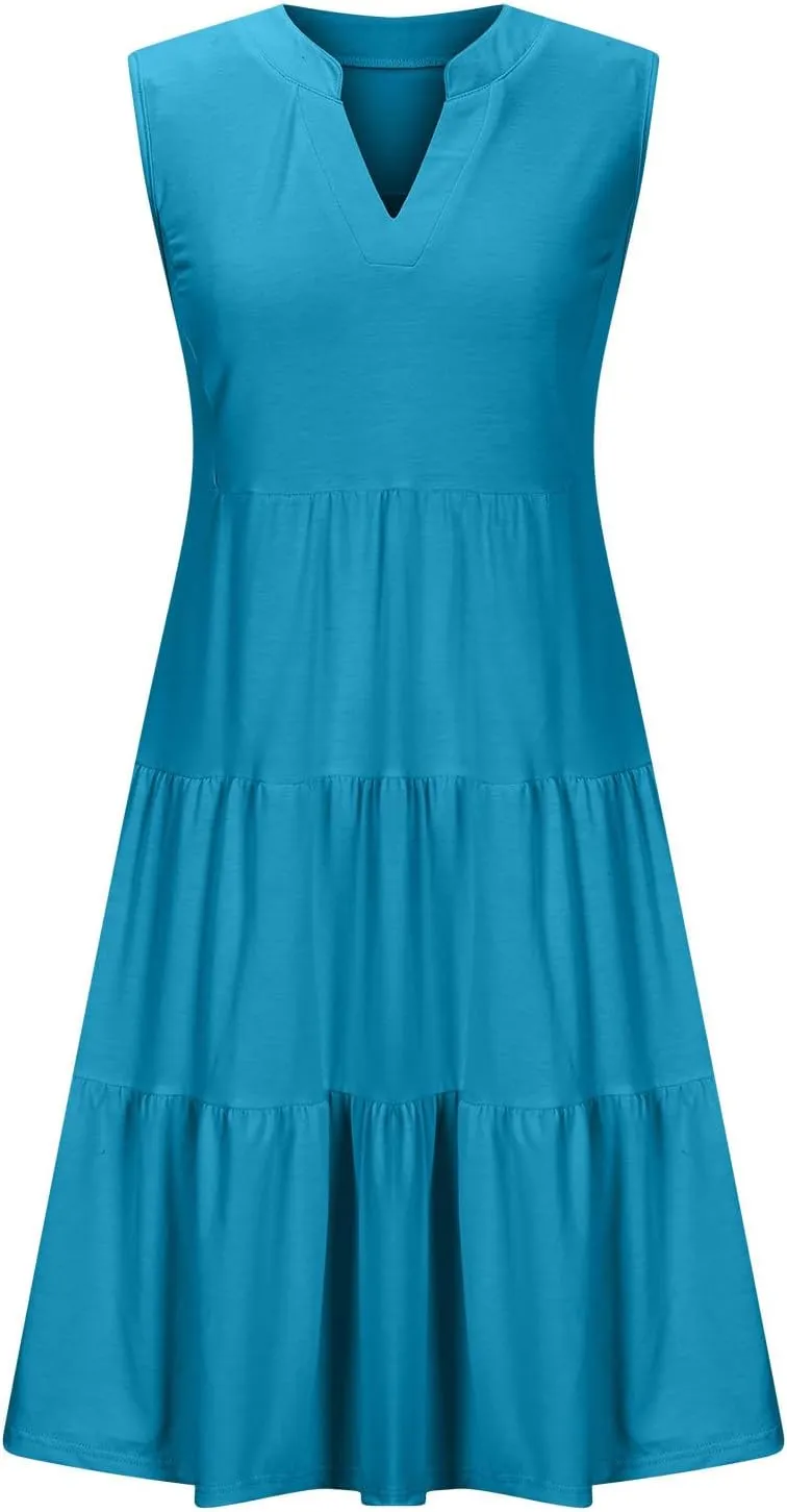 Women's Sleeveless Summer Beach Dress V-Neck Ruffle Flowy Loose Fit Sundress Solid Casual Dresses with Pockets