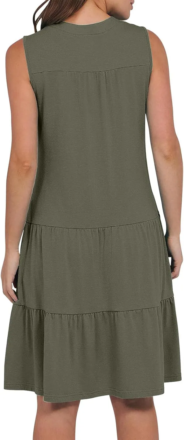 Women's Sleeveless Summer Beach Dress V-Neck Ruffle Flowy Loose Fit Sundress Solid Casual Dresses with Pockets