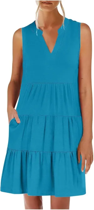 Women's Sleeveless Summer Beach Dress V-Neck Ruffle Flowy Loose Fit Sundress Solid Casual Dresses with Pockets