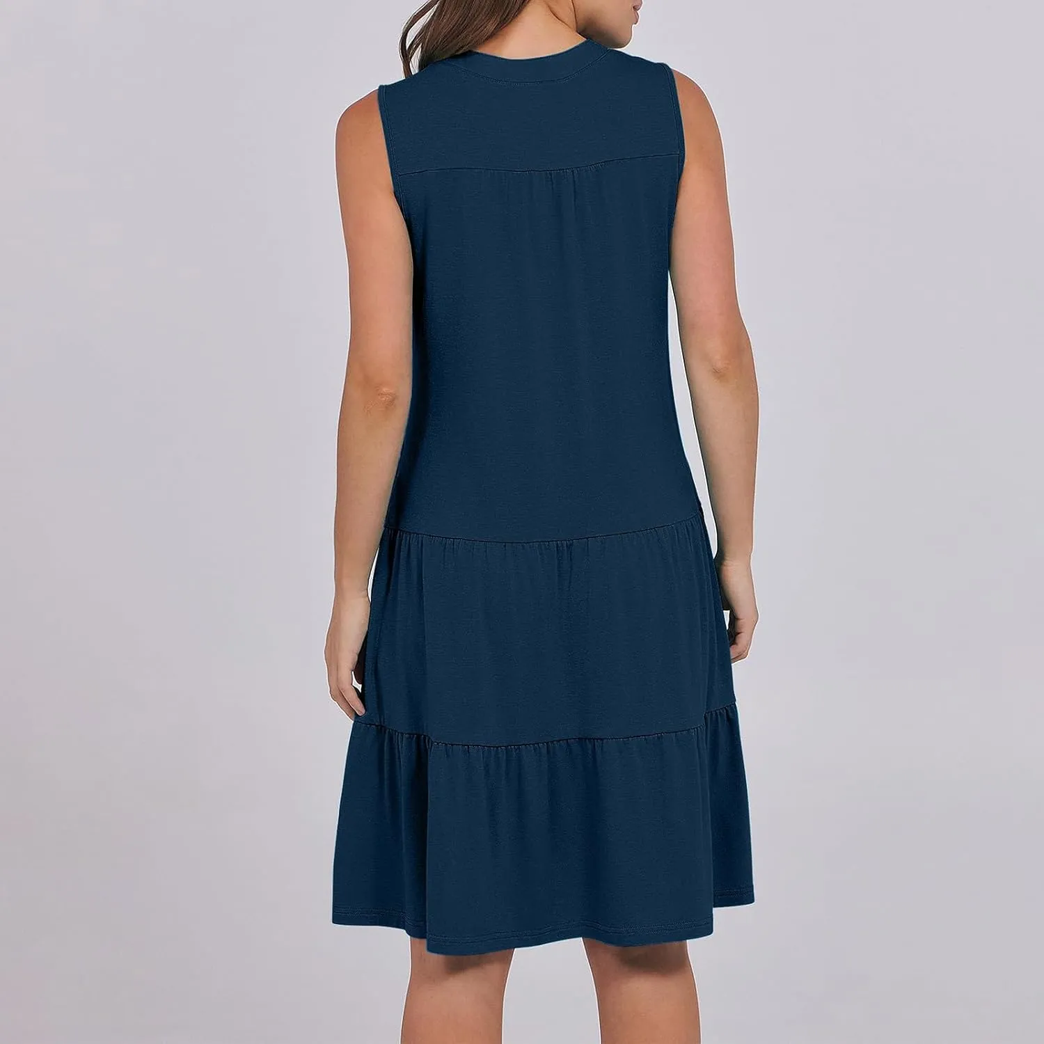 Women's Sleeveless Summer Beach Dress V-Neck Ruffle Flowy Loose Fit Sundress Solid Casual Dresses with Pockets