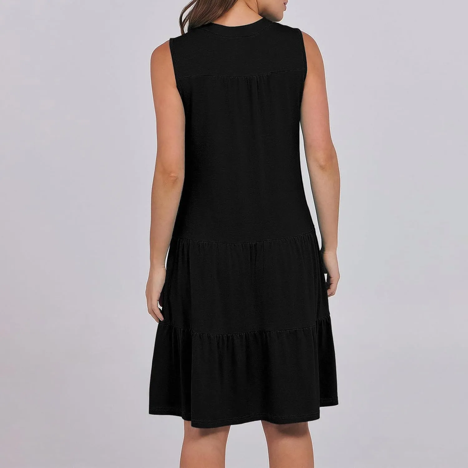 Women's Sleeveless Summer Beach Dress V-Neck Ruffle Flowy Loose Fit Sundress Solid Casual Dresses with Pockets
