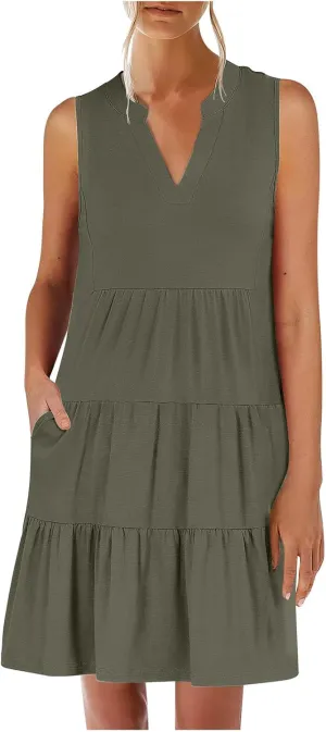 Women's Sleeveless Summer Beach Dress V-Neck Ruffle Flowy Loose Fit Sundress Solid Casual Dresses with Pockets