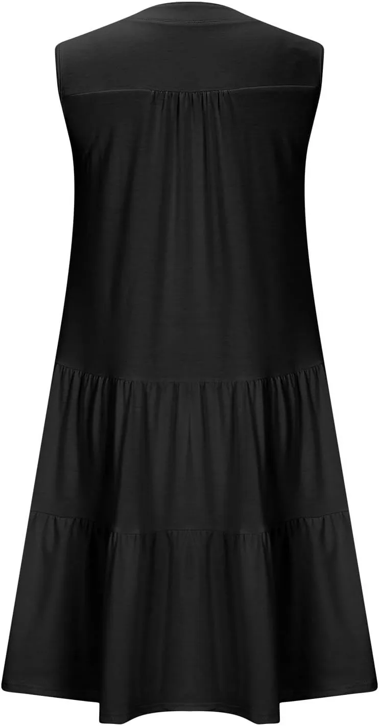 Women's Sleeveless Summer Beach Dress V-Neck Ruffle Flowy Loose Fit Sundress Solid Casual Dresses with Pockets
