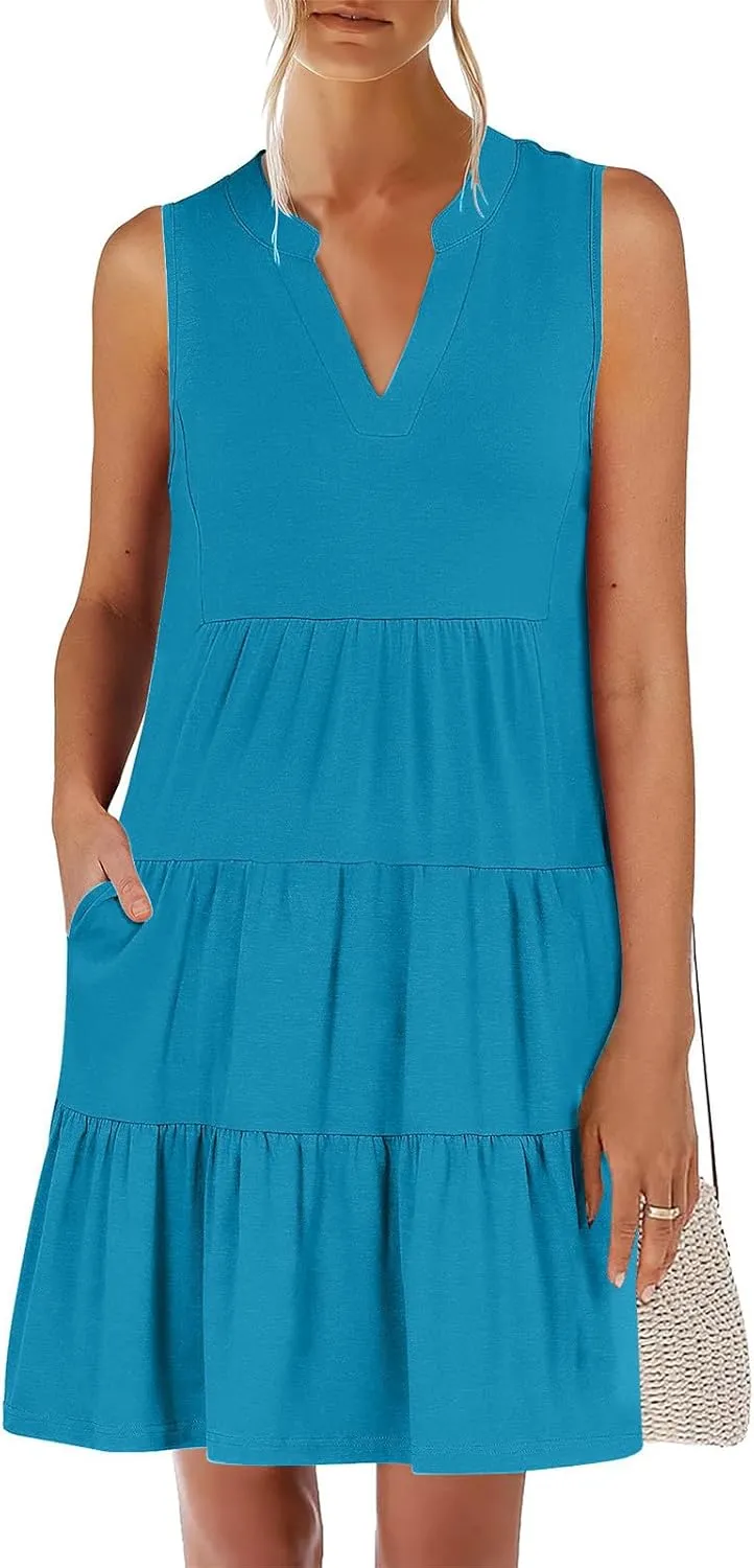 Women's Sleeveless Summer Beach Dress V-Neck Ruffle Flowy Loose Fit Sundress Solid Casual Dresses with Pockets