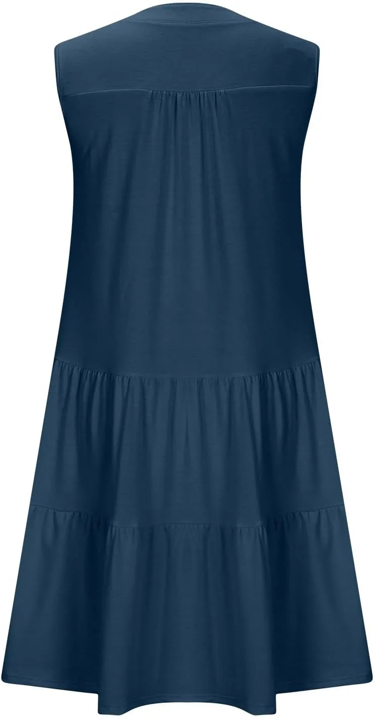 Women's Sleeveless Summer Beach Dress V-Neck Ruffle Flowy Loose Fit Sundress Solid Casual Dresses with Pockets