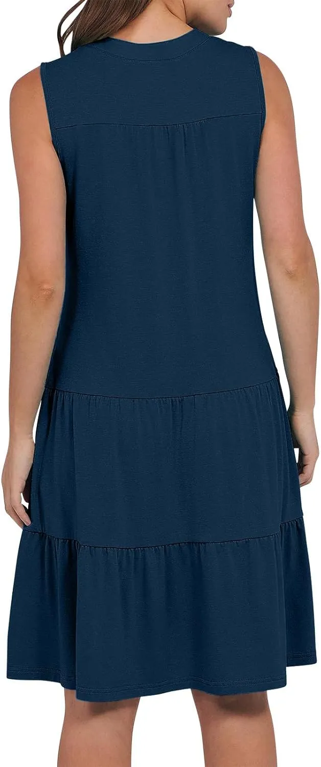 Women's Sleeveless Summer Beach Dress V-Neck Ruffle Flowy Loose Fit Sundress Solid Casual Dresses with Pockets