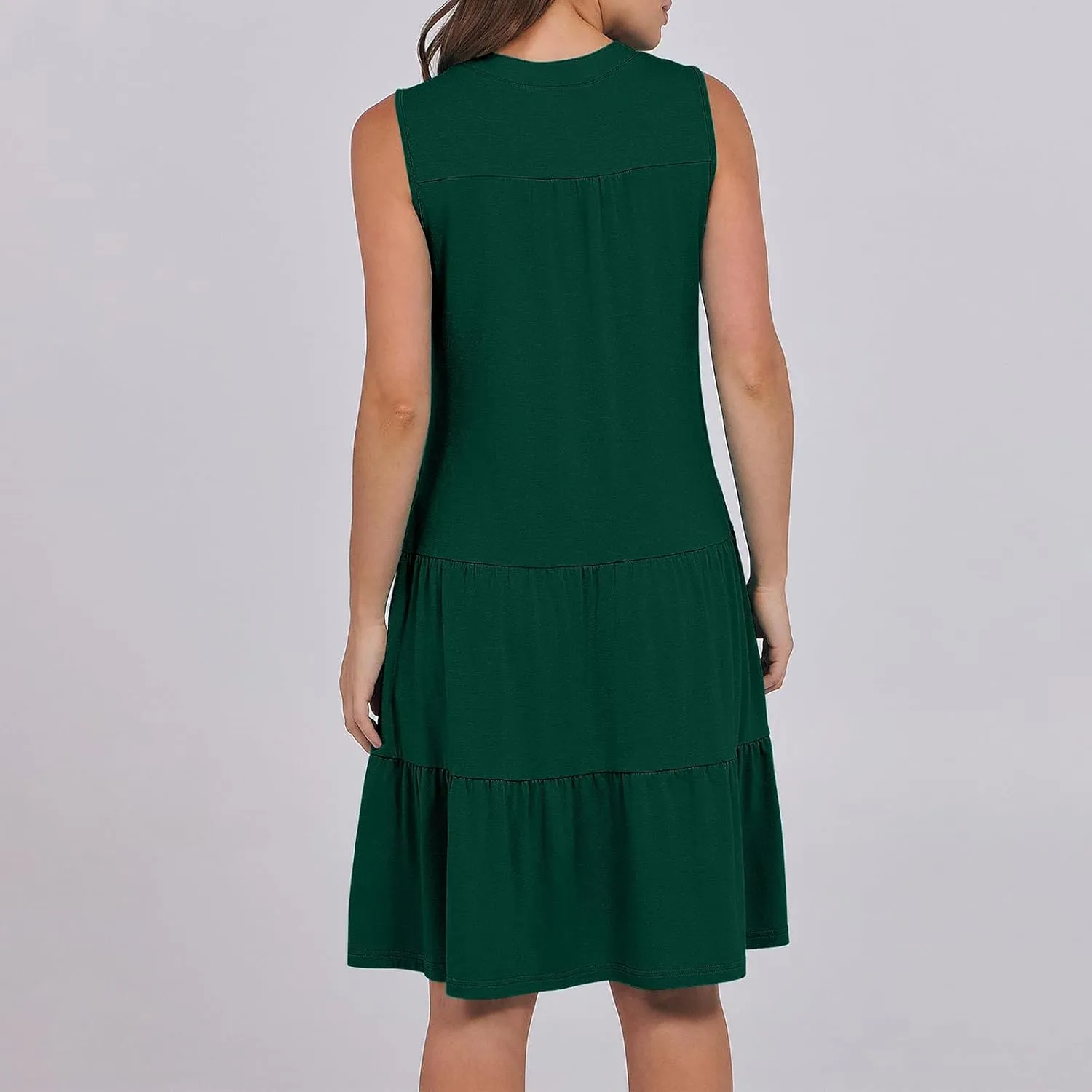 Women's Sleeveless Summer Beach Dress V-Neck Ruffle Flowy Loose Fit Sundress Solid Casual Dresses with Pockets