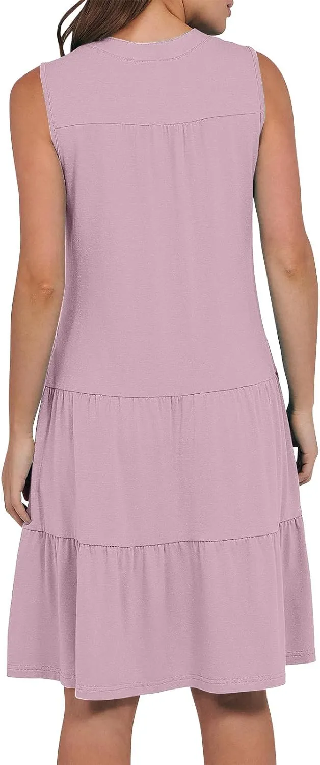 Women's Sleeveless Summer Beach Dress V-Neck Ruffle Flowy Loose Fit Sundress Solid Casual Dresses with Pockets