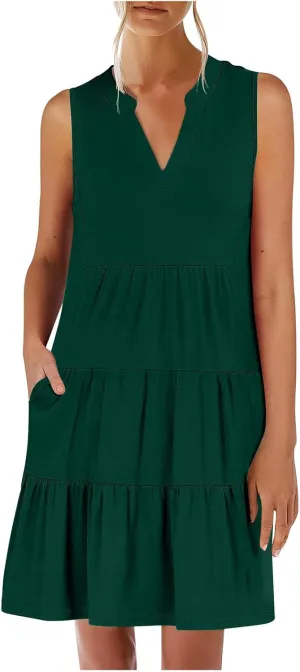 Women's Sleeveless Summer Beach Dress V-Neck Ruffle Flowy Loose Fit Sundress Solid Casual Dresses with Pockets