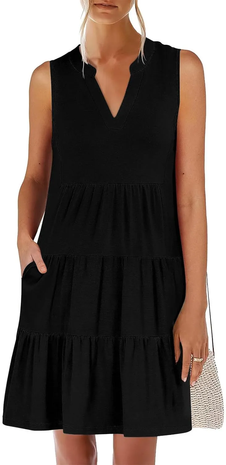 Women's Sleeveless Summer Beach Dress V-Neck Ruffle Flowy Loose Fit Sundress Solid Casual Dresses with Pockets