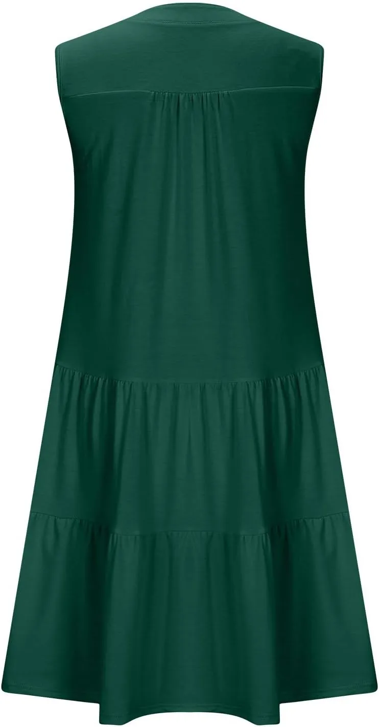 Women's Sleeveless Summer Beach Dress V-Neck Ruffle Flowy Loose Fit Sundress Solid Casual Dresses with Pockets