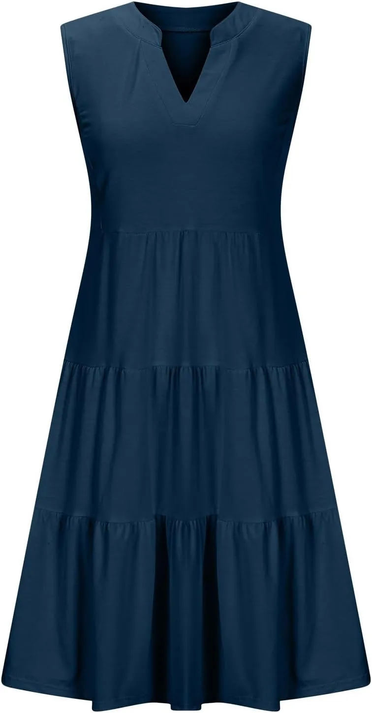 Women's Sleeveless Summer Beach Dress V-Neck Ruffle Flowy Loose Fit Sundress Solid Casual Dresses with Pockets