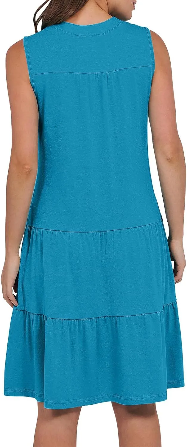 Women's Sleeveless Summer Beach Dress V-Neck Ruffle Flowy Loose Fit Sundress Solid Casual Dresses with Pockets