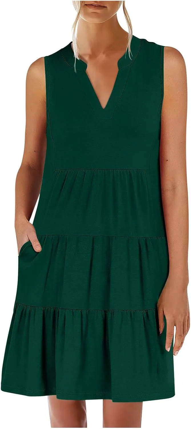 Women's Sleeveless Summer Beach Dress V-Neck Ruffle Flowy Loose Fit Sundress Solid Casual Dresses with Pockets