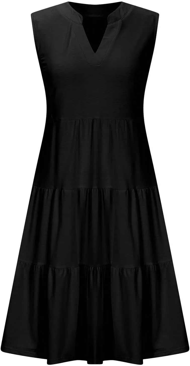 Women's Sleeveless Summer Beach Dress V-Neck Ruffle Flowy Loose Fit Sundress Solid Casual Dresses with Pockets