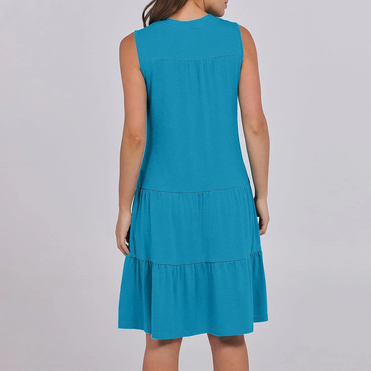 Women's Sleeveless Summer Beach Dress V-Neck Ruffle Flowy Loose Fit Sundress Solid Casual Dresses with Pockets