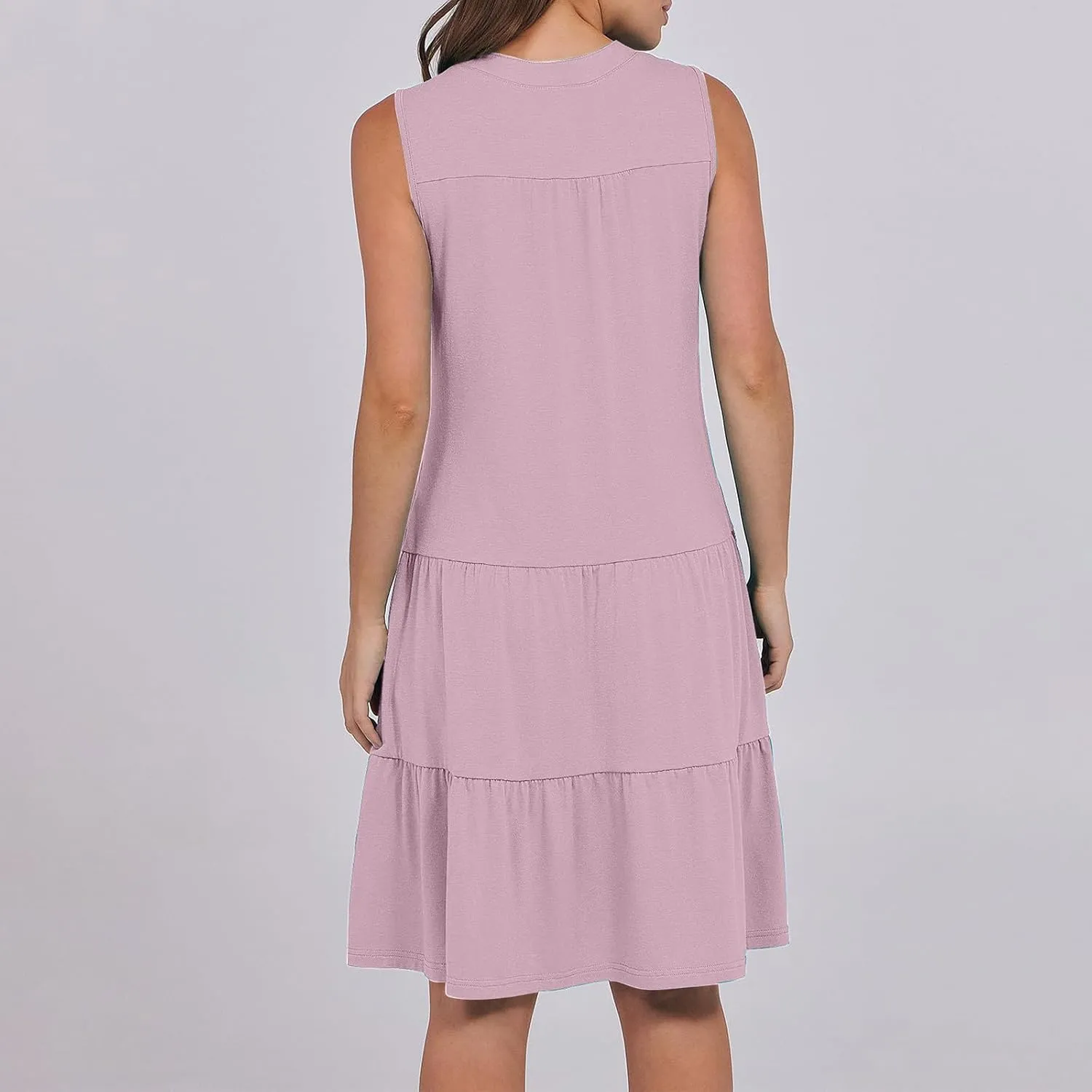 Women's Sleeveless Summer Beach Dress V-Neck Ruffle Flowy Loose Fit Sundress Solid Casual Dresses with Pockets