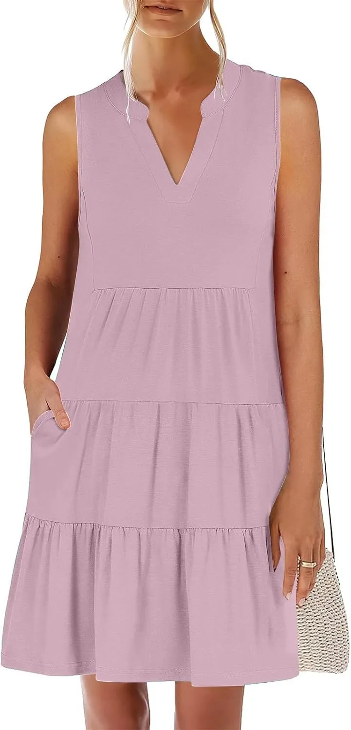 Women's Sleeveless Summer Beach Dress V-Neck Ruffle Flowy Loose Fit Sundress Solid Casual Dresses with Pockets