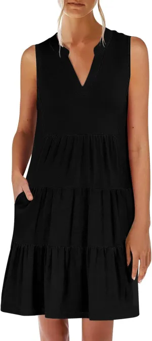 Women's Sleeveless Summer Beach Dress V-Neck Ruffle Flowy Loose Fit Sundress Solid Casual Dresses with Pockets