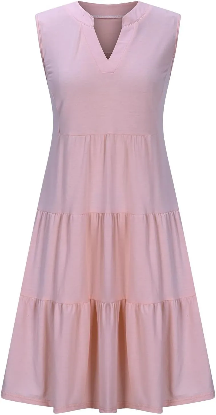 Women's Sleeveless Summer Beach Dress V-Neck Ruffle Flowy Loose Fit Sundress Solid Casual Dresses with Pockets