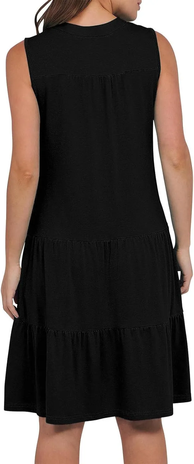 Women's Sleeveless Summer Beach Dress V-Neck Ruffle Flowy Loose Fit Sundress Solid Casual Dresses with Pockets