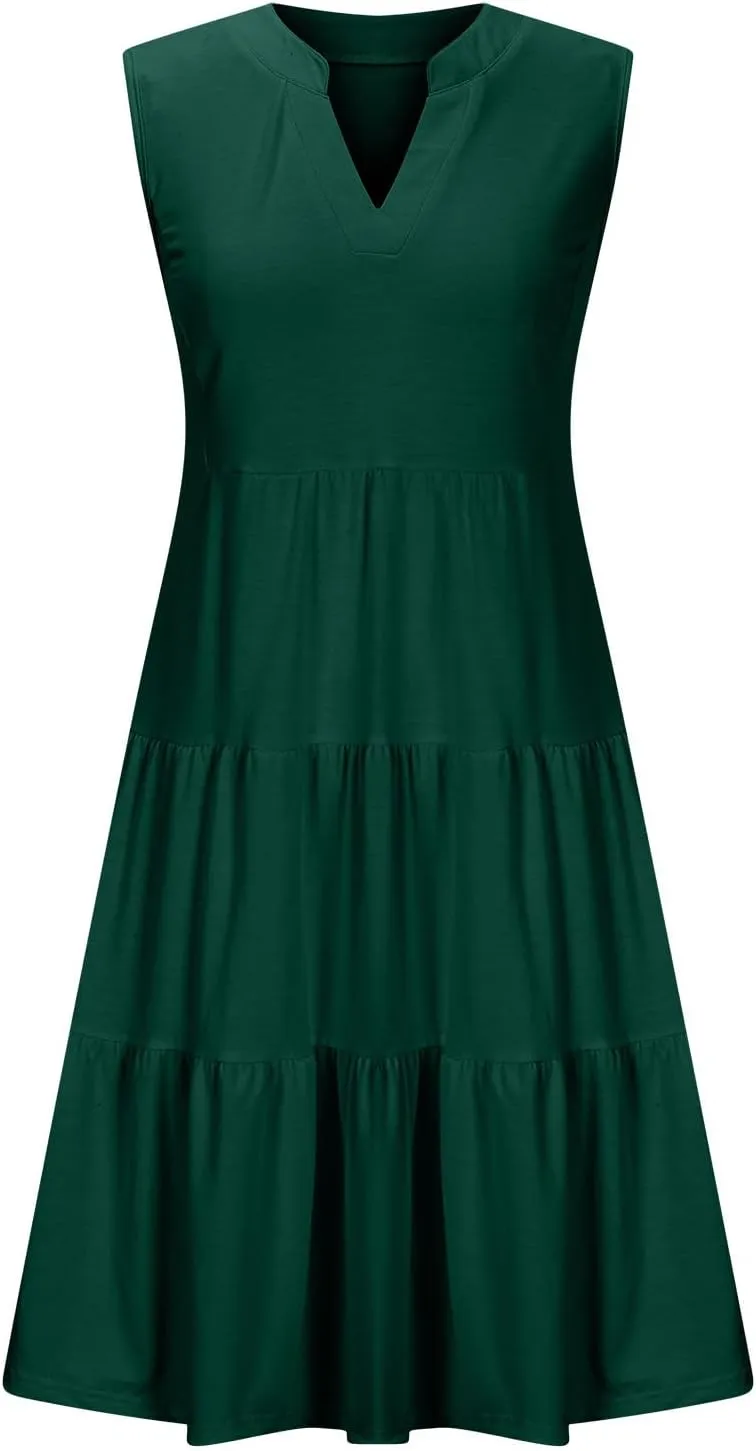 Women's Sleeveless Summer Beach Dress V-Neck Ruffle Flowy Loose Fit Sundress Solid Casual Dresses with Pockets