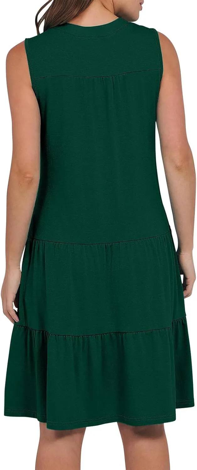 Women's Sleeveless Summer Beach Dress V-Neck Ruffle Flowy Loose Fit Sundress Solid Casual Dresses with Pockets
