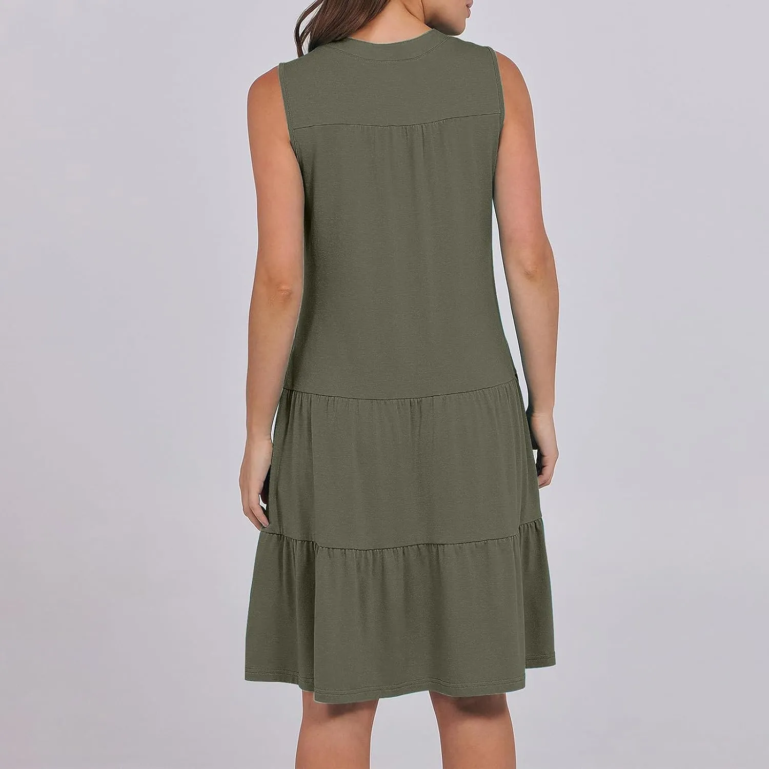 Women's Sleeveless Summer Beach Dress V-Neck Ruffle Flowy Loose Fit Sundress Solid Casual Dresses with Pockets