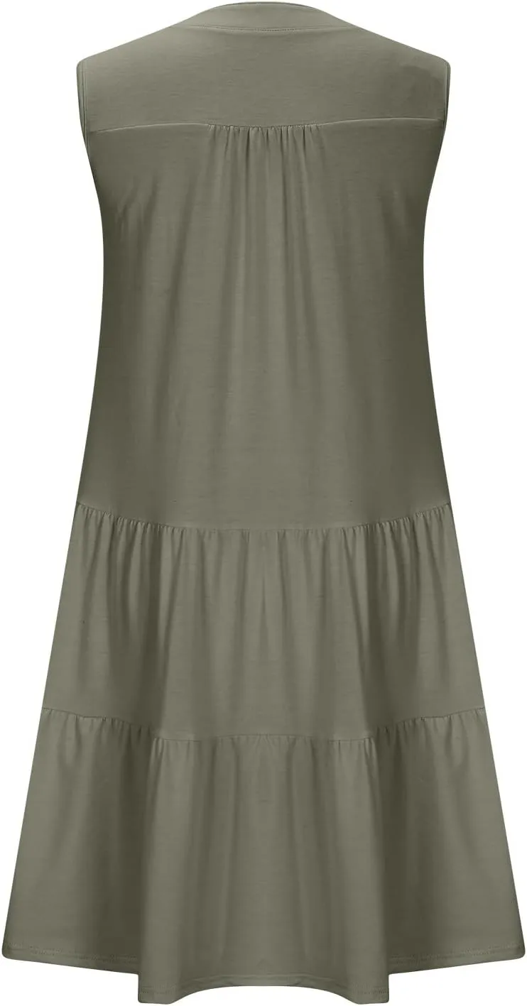 Women's Sleeveless Summer Beach Dress V-Neck Ruffle Flowy Loose Fit Sundress Solid Casual Dresses with Pockets