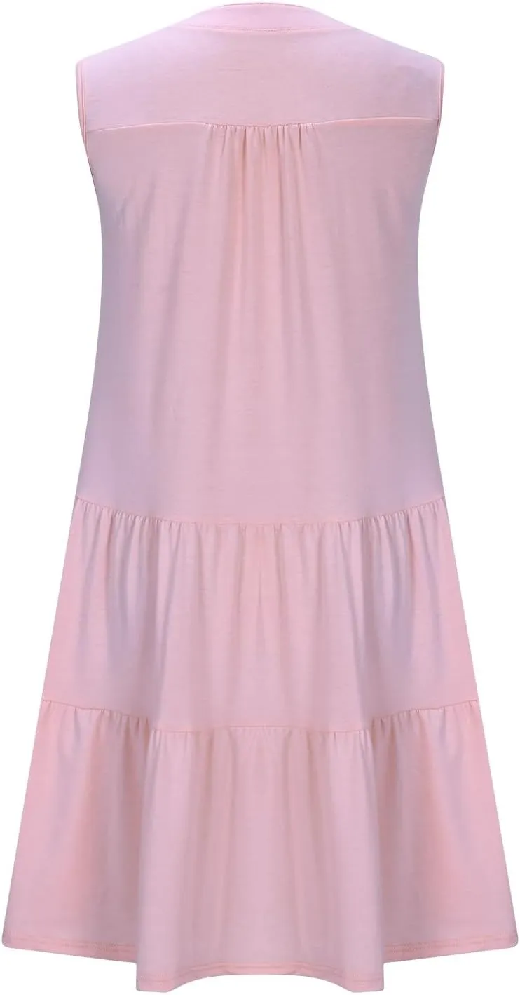 Women's Sleeveless Summer Beach Dress V-Neck Ruffle Flowy Loose Fit Sundress Solid Casual Dresses with Pockets