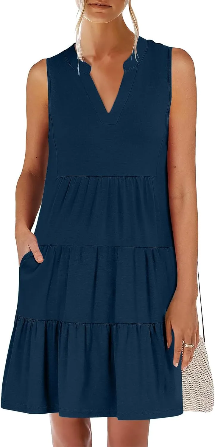 Women's Sleeveless Summer Beach Dress V-Neck Ruffle Flowy Loose Fit Sundress Solid Casual Dresses with Pockets
