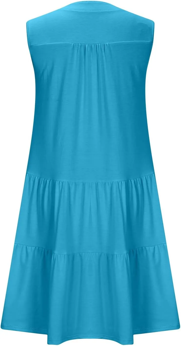 Women's Sleeveless Summer Beach Dress V-Neck Ruffle Flowy Loose Fit Sundress Solid Casual Dresses with Pockets