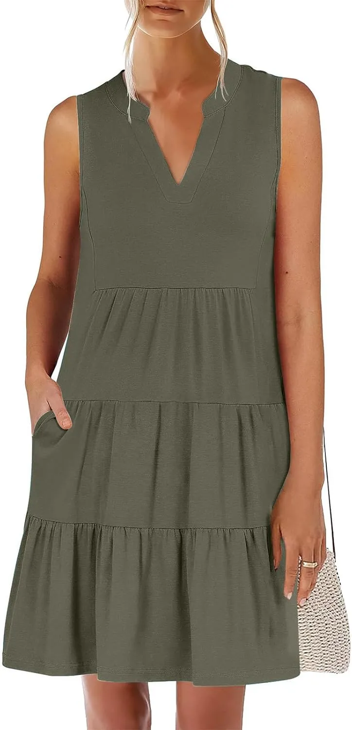 Women's Sleeveless Summer Beach Dress V-Neck Ruffle Flowy Loose Fit Sundress Solid Casual Dresses with Pockets