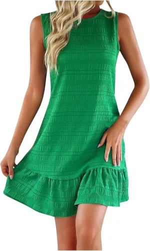 Womens Sleeveless Summer Dresses Crew Neck Ruffle Mini Dress Casual Tshirt Dress Trendy Beach Vacation Outfits Sundress