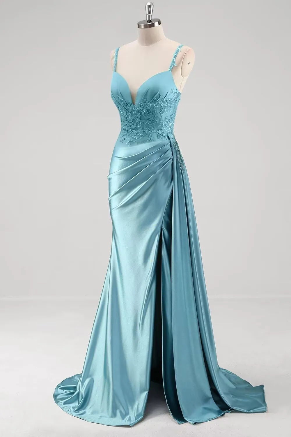 Women's Spaghetti Strap Sweetheart Satin Prom Dresses with Split 2025 Lace Appliques Pleated Mermaid Long Evening Gown DE294