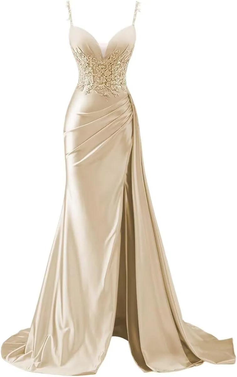 Women's Spaghetti Strap Sweetheart Satin Prom Dresses with Split 2025 Lace Appliques Pleated Mermaid Long Evening Gown DE294