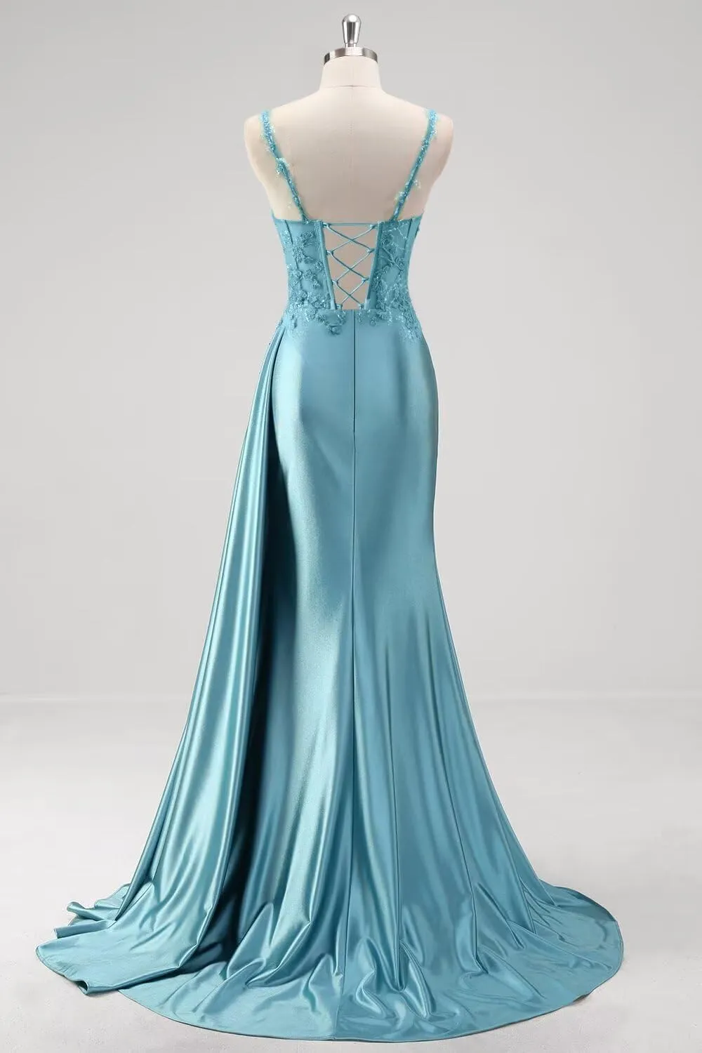 Women's Spaghetti Strap Sweetheart Satin Prom Dresses with Split 2025 Lace Appliques Pleated Mermaid Long Evening Gown DE294