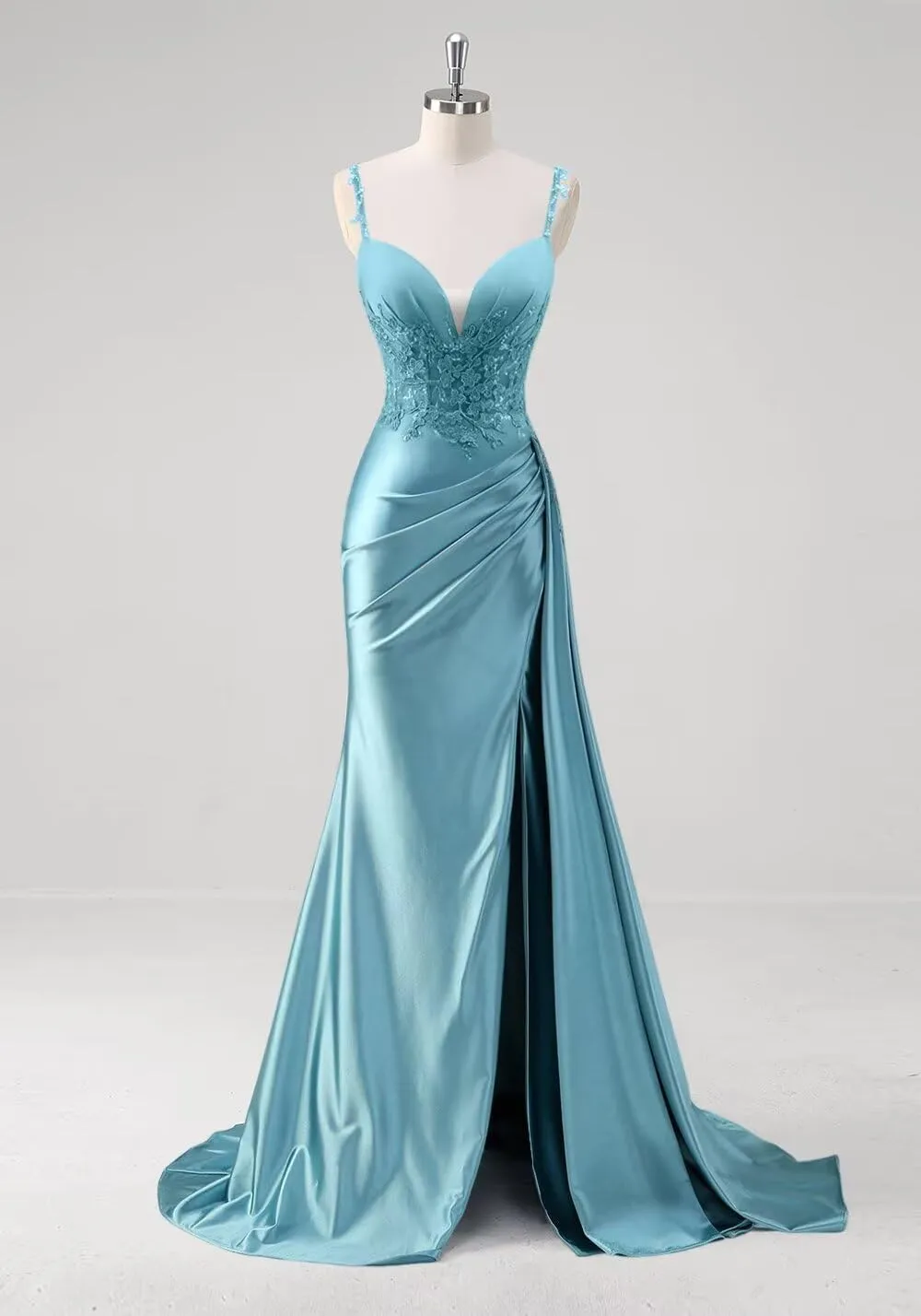 Women's Spaghetti Strap Sweetheart Satin Prom Dresses with Split 2025 Lace Appliques Pleated Mermaid Long Evening Gown DE294