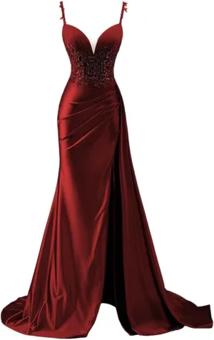 Women's Spaghetti Strap Sweetheart Satin Prom Dresses with Split 2025 Lace Appliques Pleated Mermaid Long Evening Gown DE294