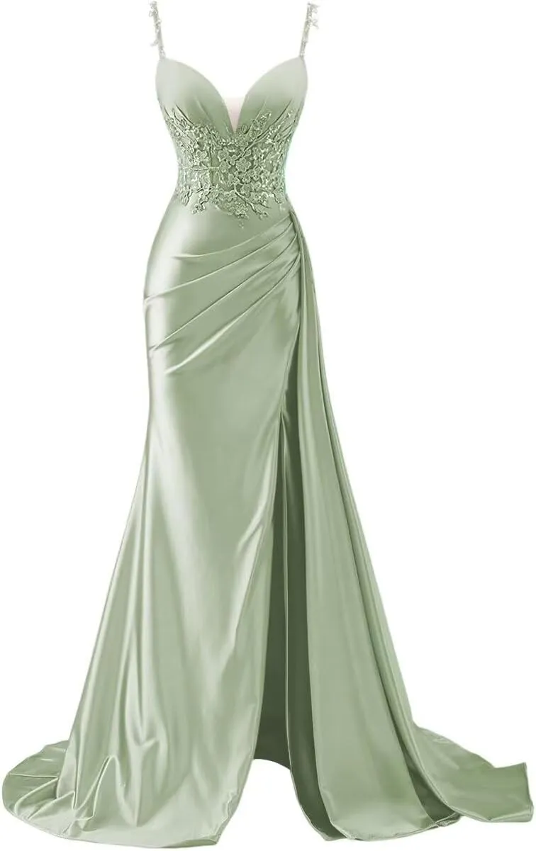 Women's Spaghetti Strap Sweetheart Satin Prom Dresses with Split 2025 Lace Appliques Pleated Mermaid Long Evening Gown DE294