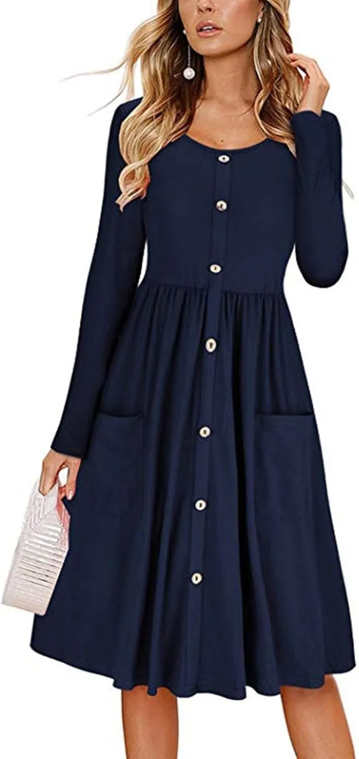 Womens Spring Dresses Casual Long Sleeve Crew Neck Button Down Elegant Swing Midi Dress High Waisted Sundress Holiday Outfits